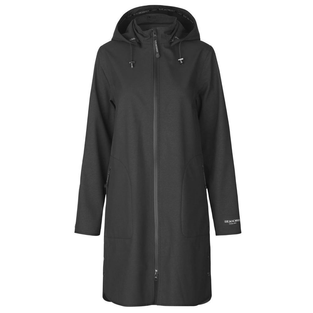 Black Ilse Jacobsen raincoat; long sleeves, hood, full-length zip, subtle texture.