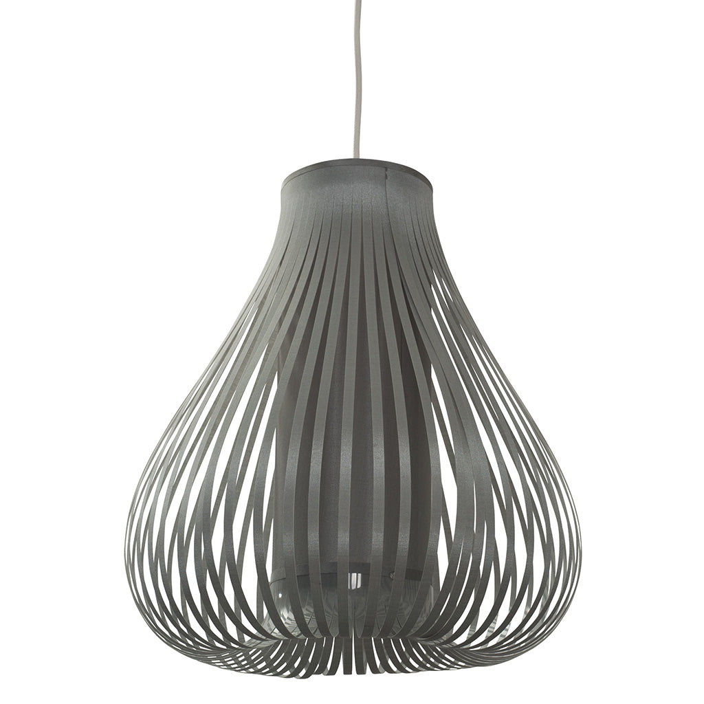 Gray pendant lamp with a teardrop-shaped shade composed of numerous vertical, slender strips.