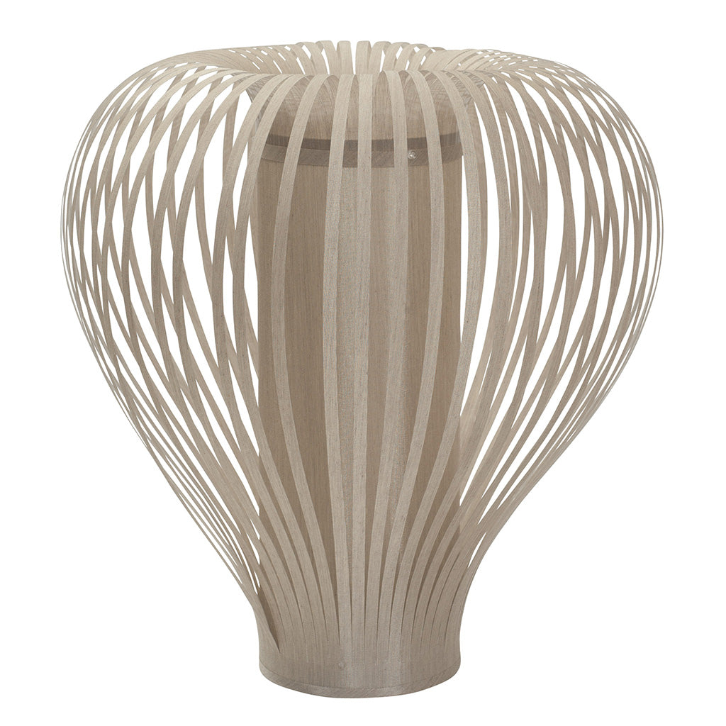 Beige, heart-shaped lamp with a woven, open-frame design.