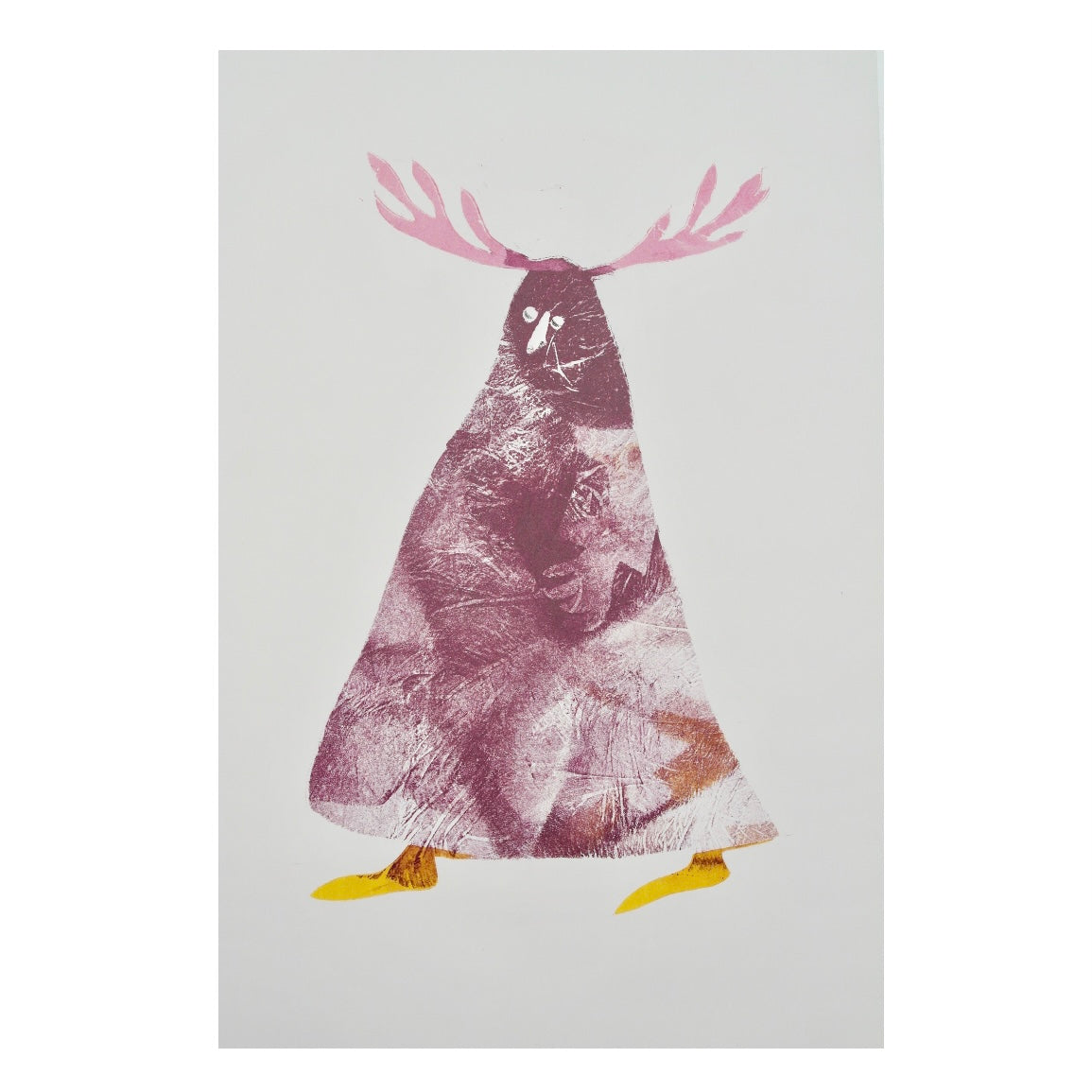 Abstract print of a creature with pink antlers, a maroon textured body, and yellow feet.