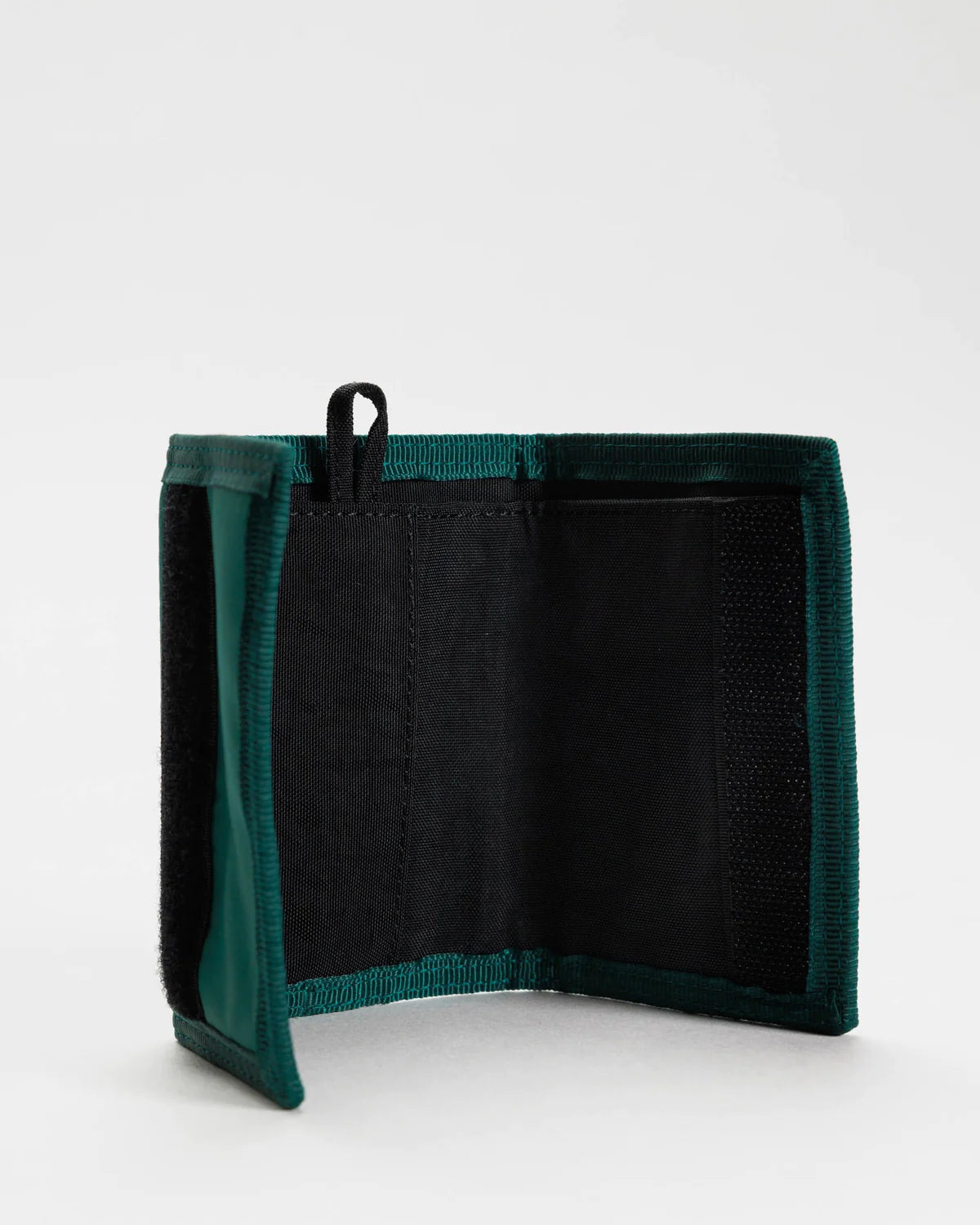Dark teal bifold wallet with black interior and velcro closure.