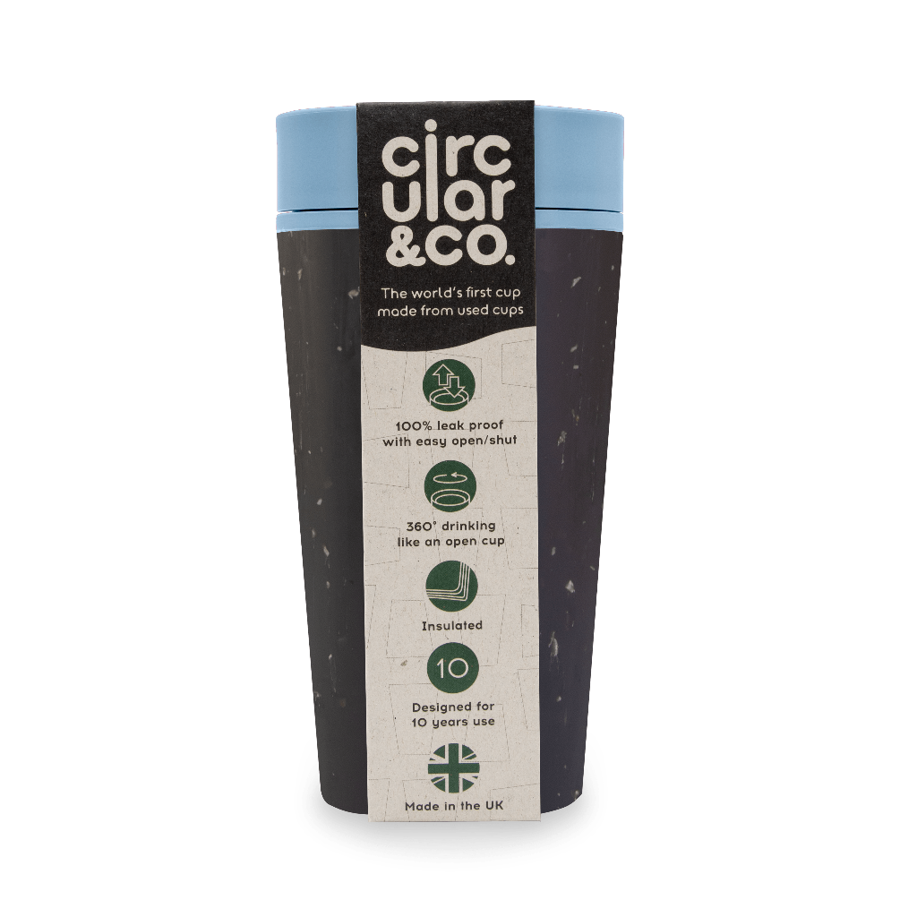Dark gray reusable cup with light blue lid, made from recycled cups; features leak-proof design, 360° drinking, insulation,