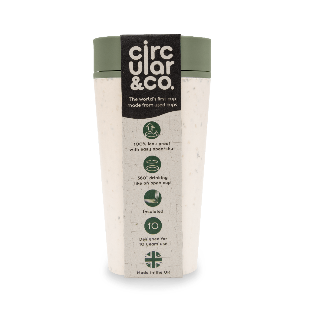 Circular & Co. reusable cup made from recycled cups; off-white speckled body, olive green lid and base.