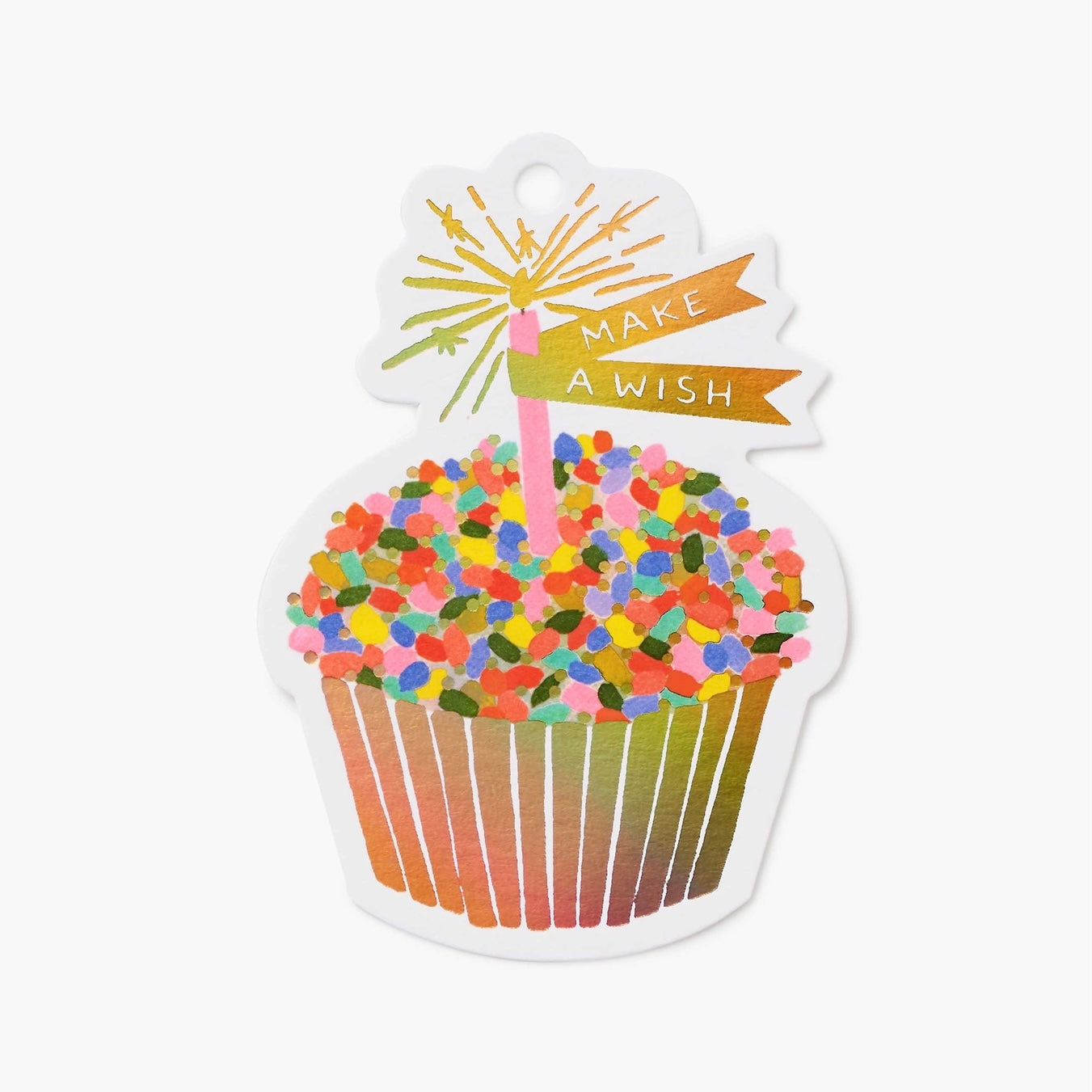 Birthday cupcake gift tag with colorful sprinkles, a pink candle, and a "Make a Wish" banner.