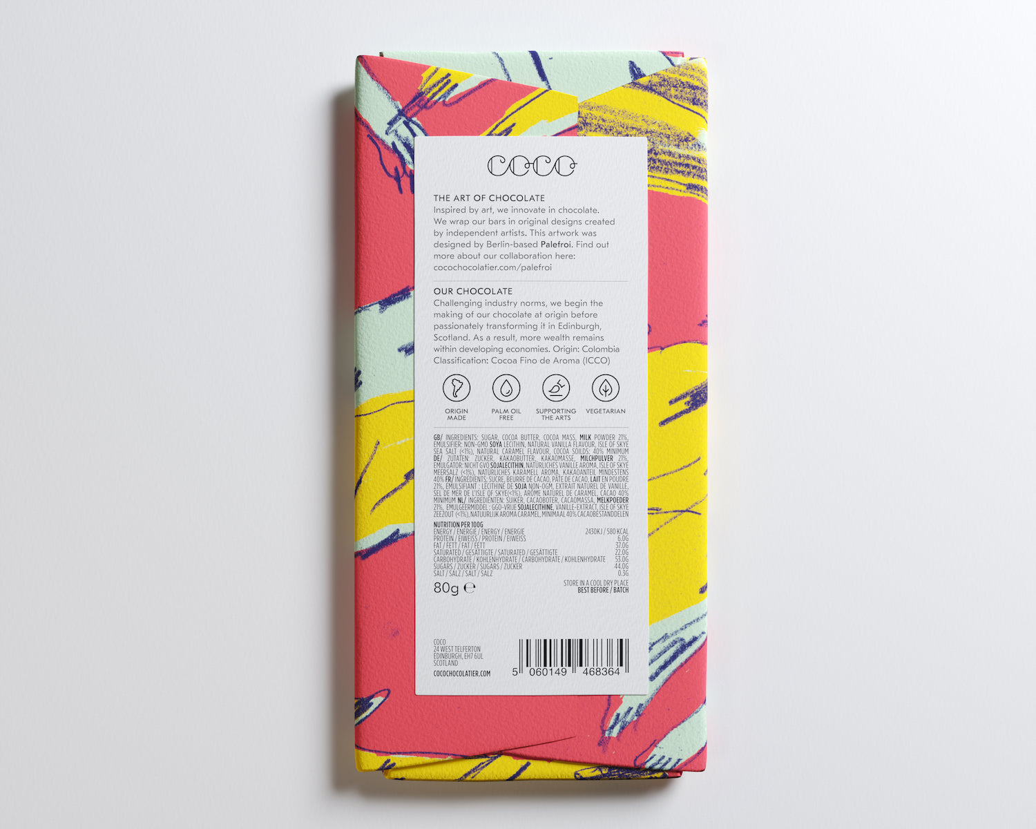 80g chocolate bar wrapper featuring abstract artwork in pink, yellow, and orange.