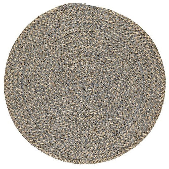 Round jute placemat in blue and beige, woven in a circular pattern.
