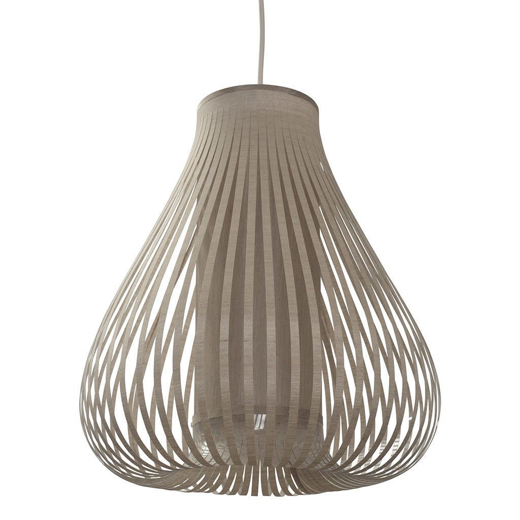 Light beige pendant lamp with a teardrop-shaped shade composed of numerous thin, vertical wooden slats.
