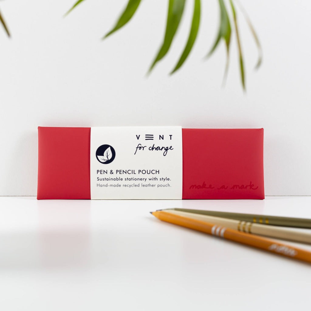 Red hand-made recycled leather pen and pencil pouch; sustainable stationery.