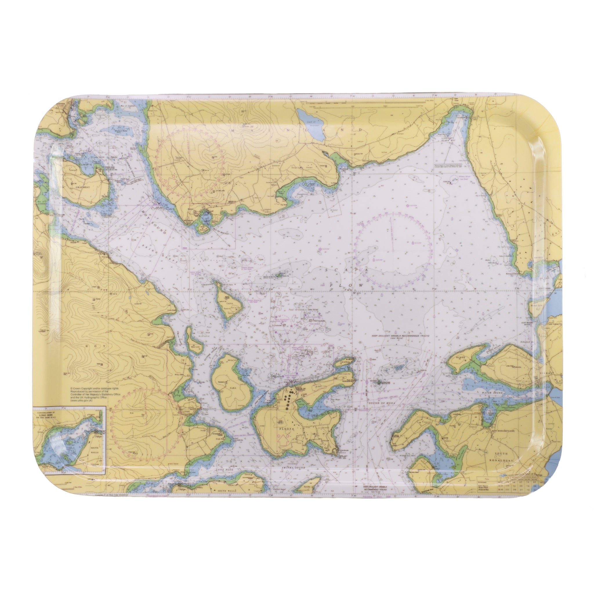 Rectangular tray featuring a detailed nautical chart of Scapa Flow, Orkney, Scotland.