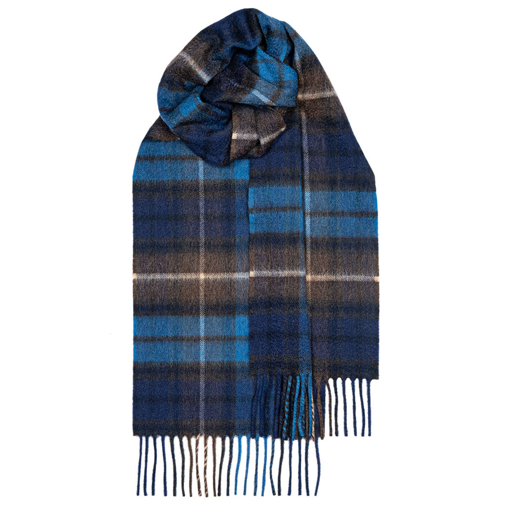Blue and brown plaid wool scarf with fringed edges, loosely knotted.