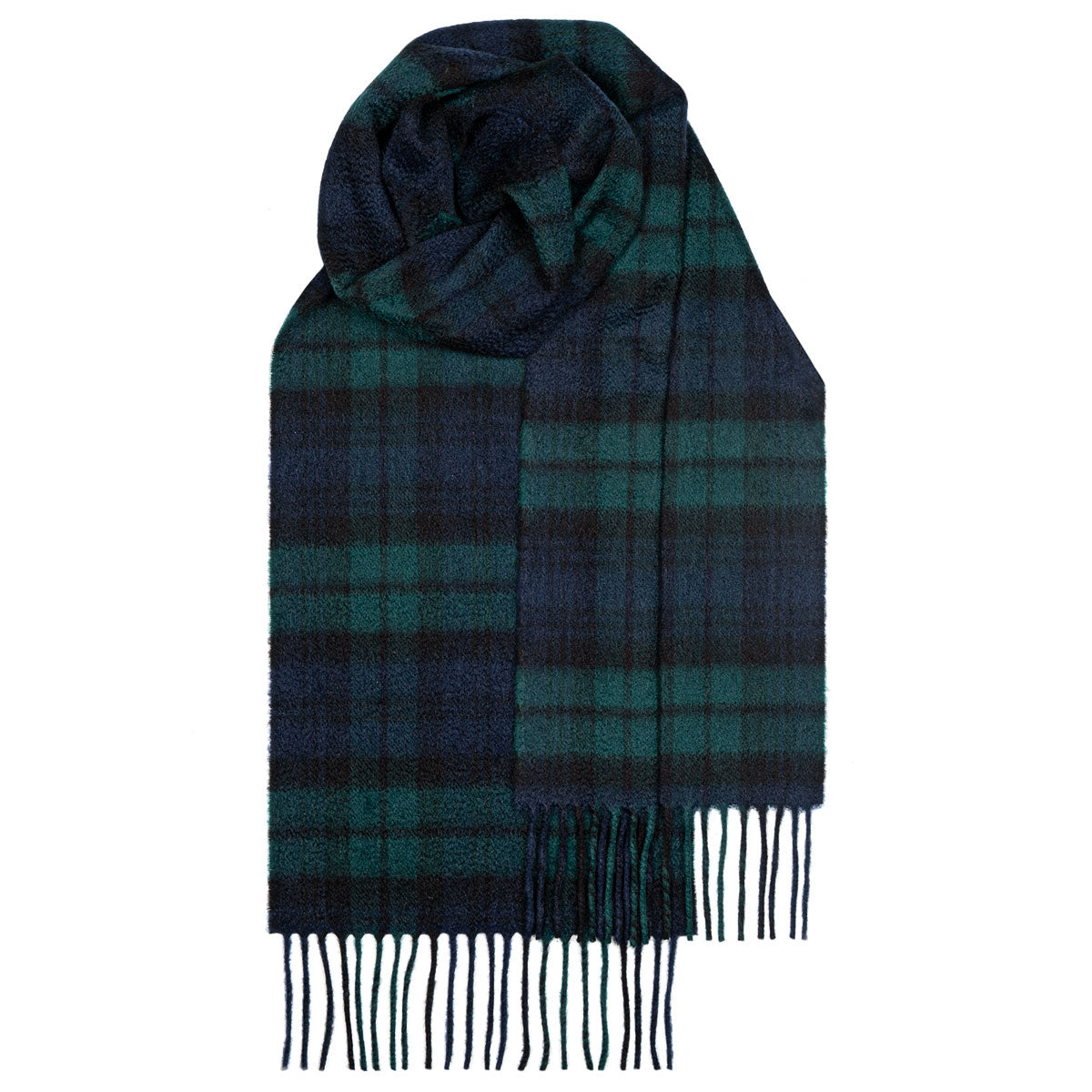 Dark green and navy blue plaid wool scarf with fringed edges.
