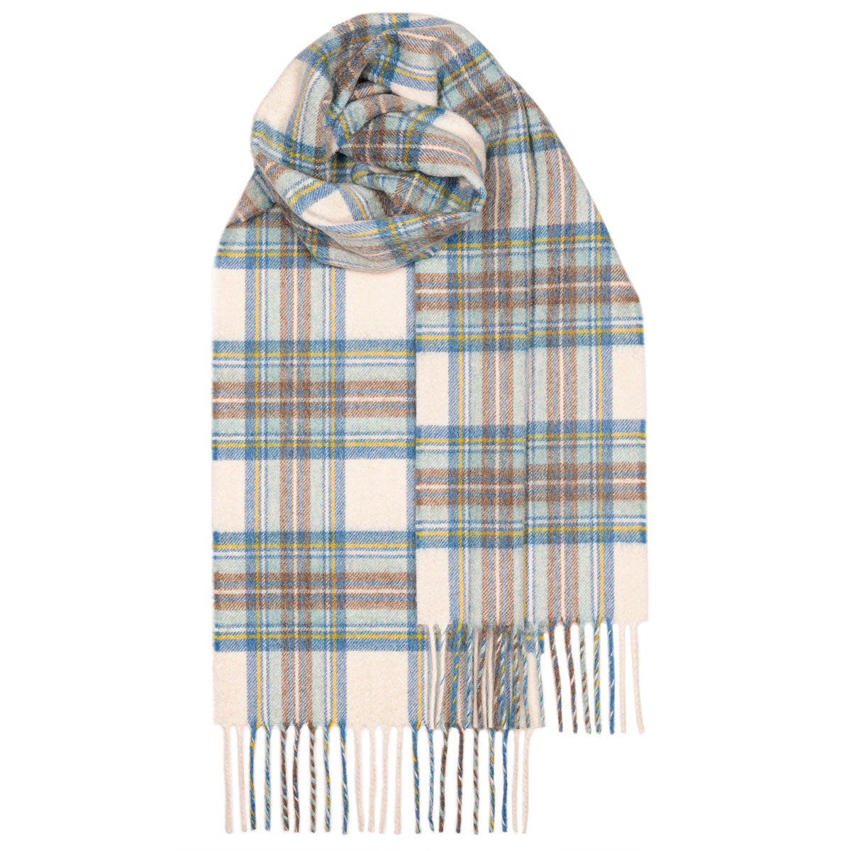 Cream and blue plaid wool scarf with fringed edges.