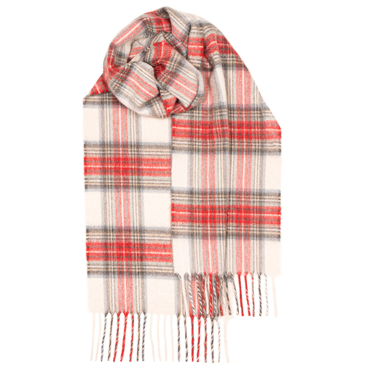 Cream-colored scarf with red and gray plaid pattern and fringed edges.