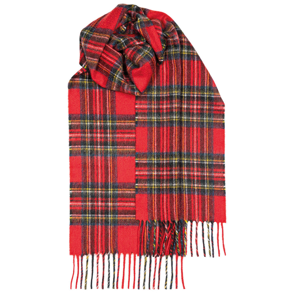 Red and black plaid wool scarf with fringed edges.