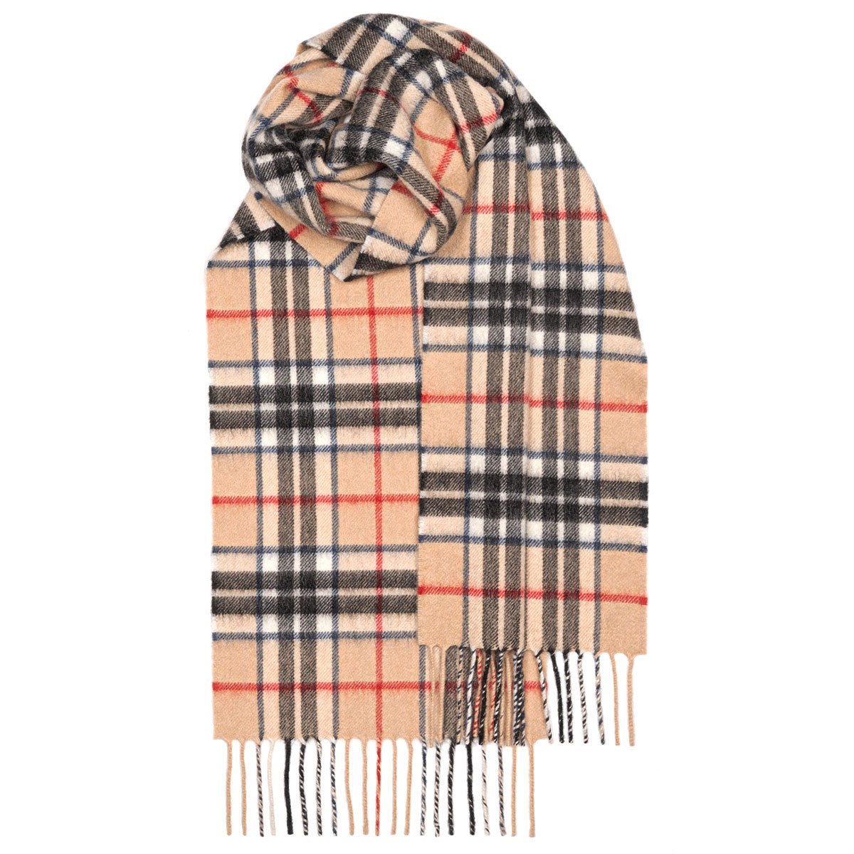 Beige and black plaid wool scarf with red and white accents and fringed edges.