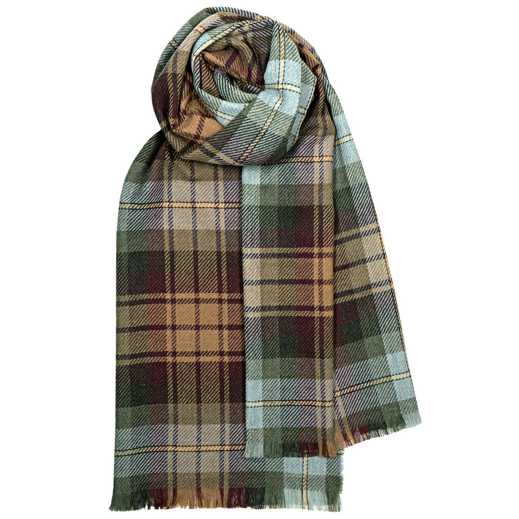 Woven plaid scarf in greens, browns, and tans; fringed edges.