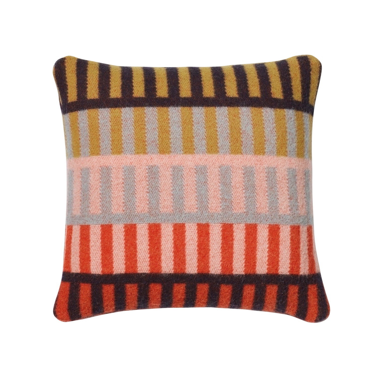 Colorful striped cushion by Donna Wilson, featuring gold, gray, pink, and red stripes on a soft texture.