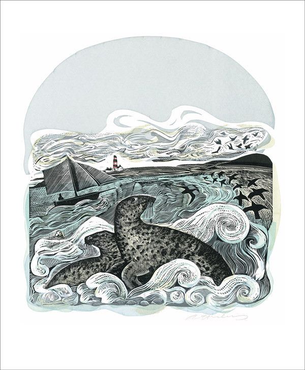 Woodcut print depicting two seals in a wavy sea, with a sailboat and birds in the background.
