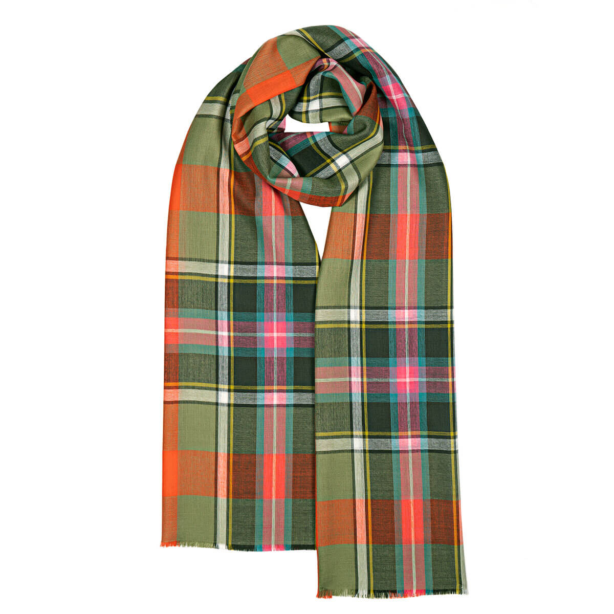 Rectangular scarf with a green, orange, and pink plaid pattern.