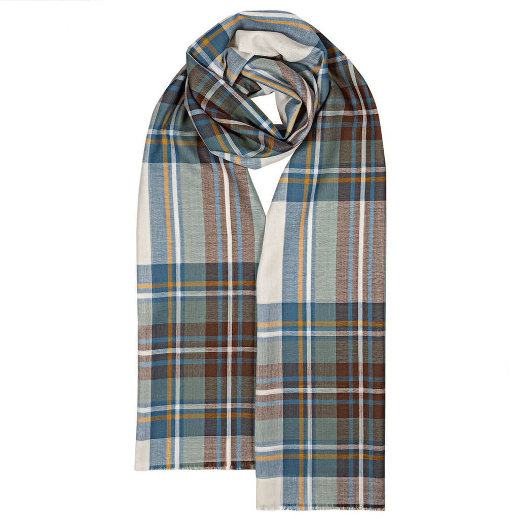A light blue, brown, and beige plaid scarf, loosely folded.