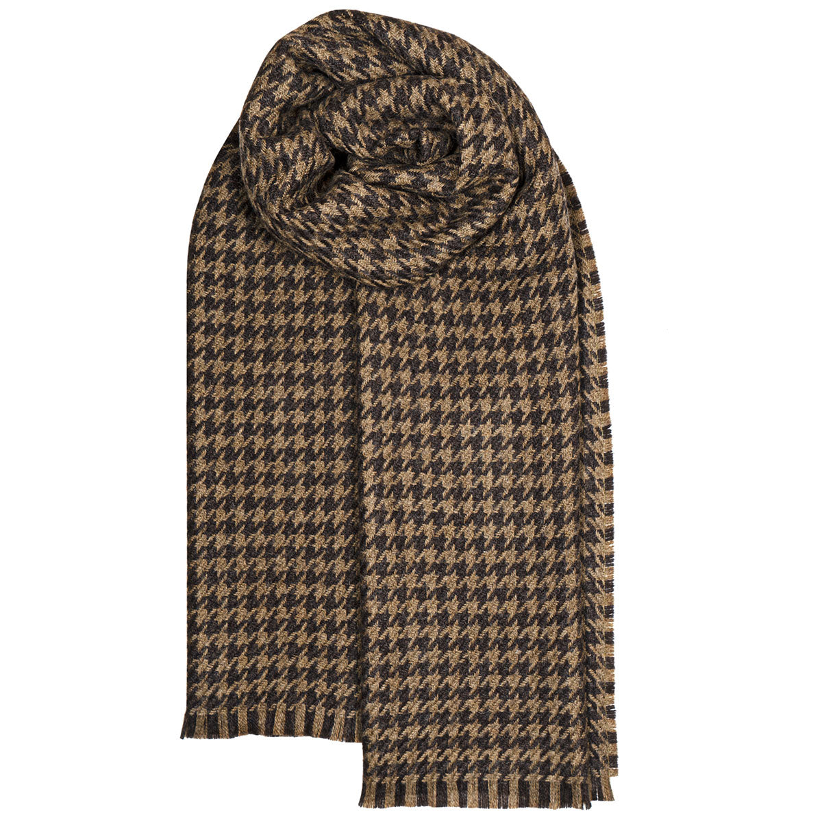 Brown and black houndstooth patterned scarf, loosely rolled.