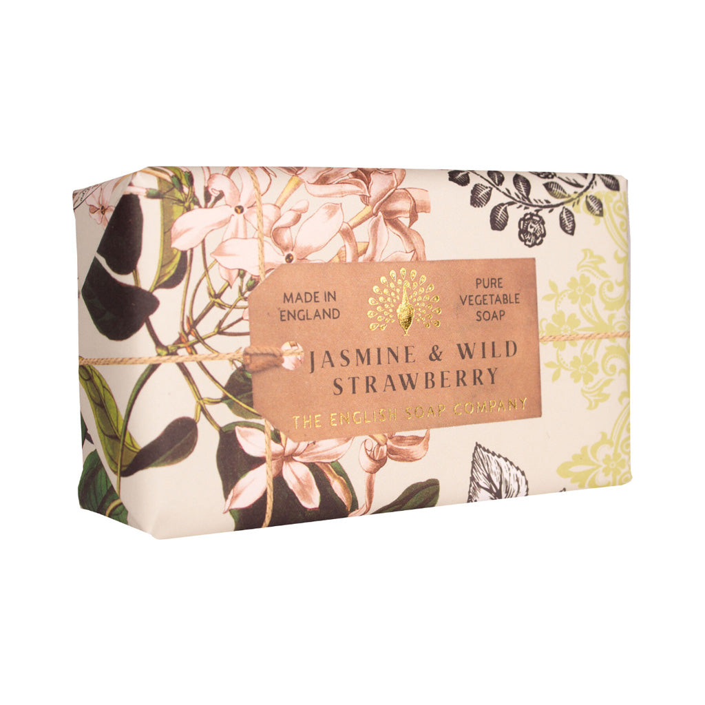 Jasmine & Wild Strawberry soap from The English Soap Company.  Wrapped in floral-patterned paper with a brown label.