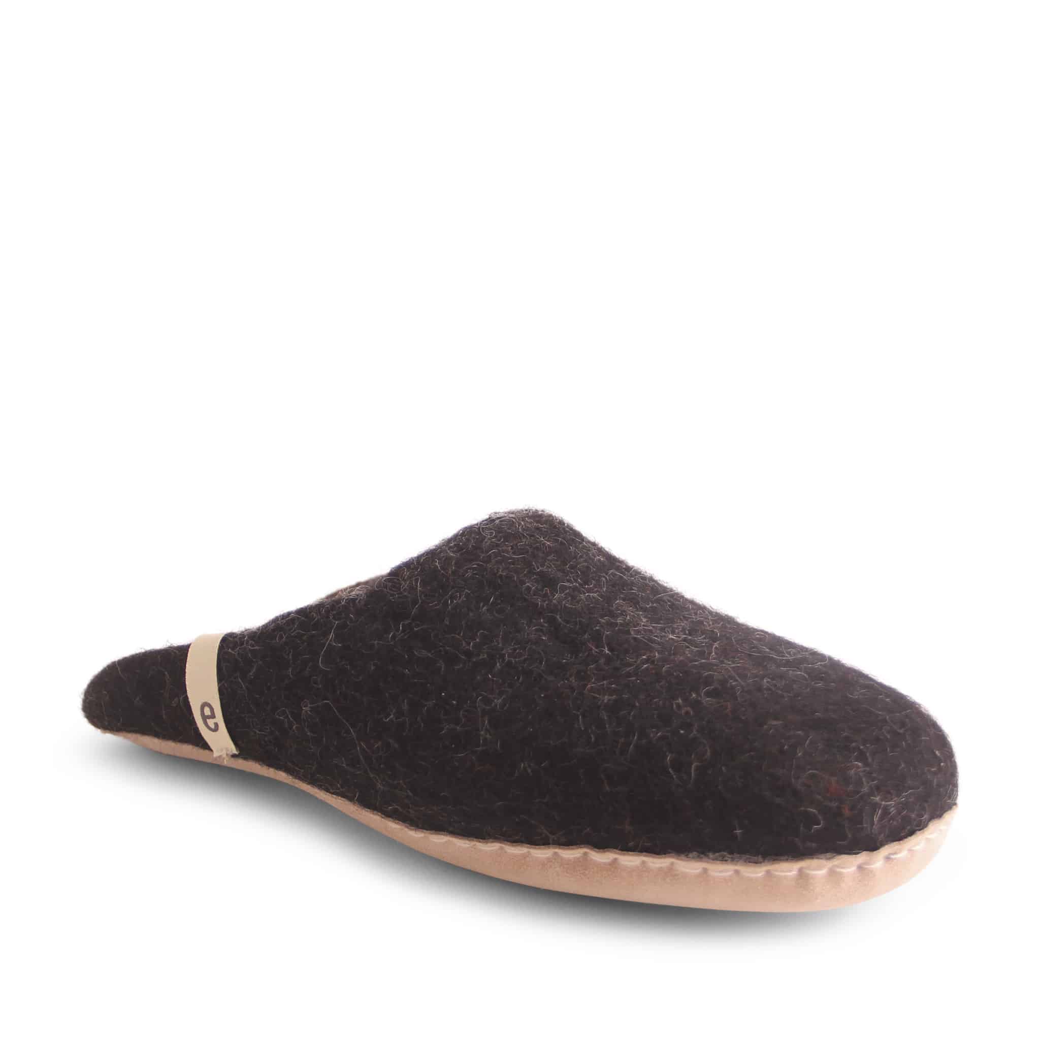 Dark brown felt slipper with a light tan sole and a small logo on the side.