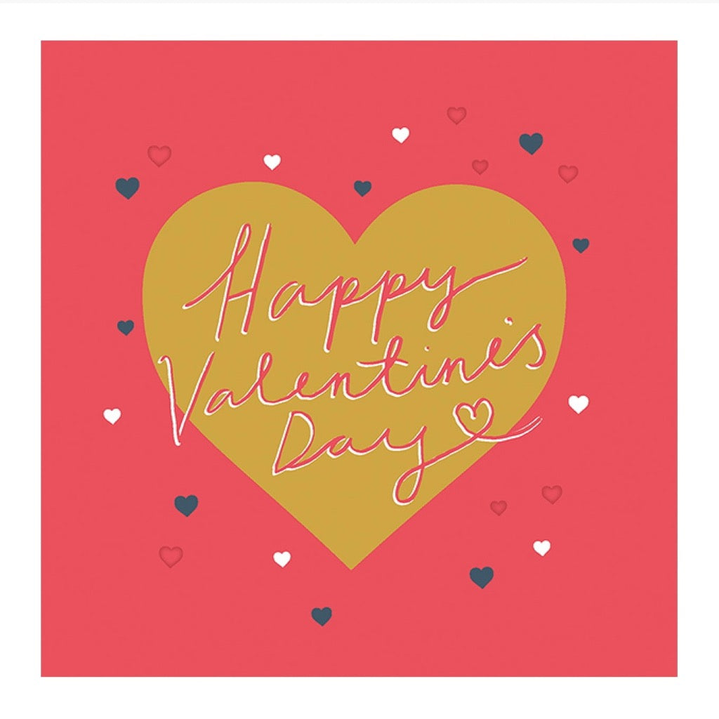 Valentine's Day card featuring a gold heart with the text "Happy Valentine's Day" in a script font, surrounded by small