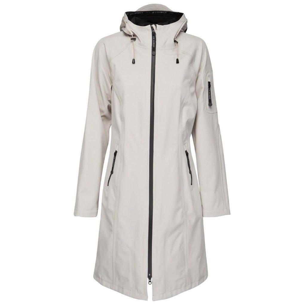 Beige hooded raincoat with black zipper and accents. Long sleeves, two front pockets, and a streamlined design.