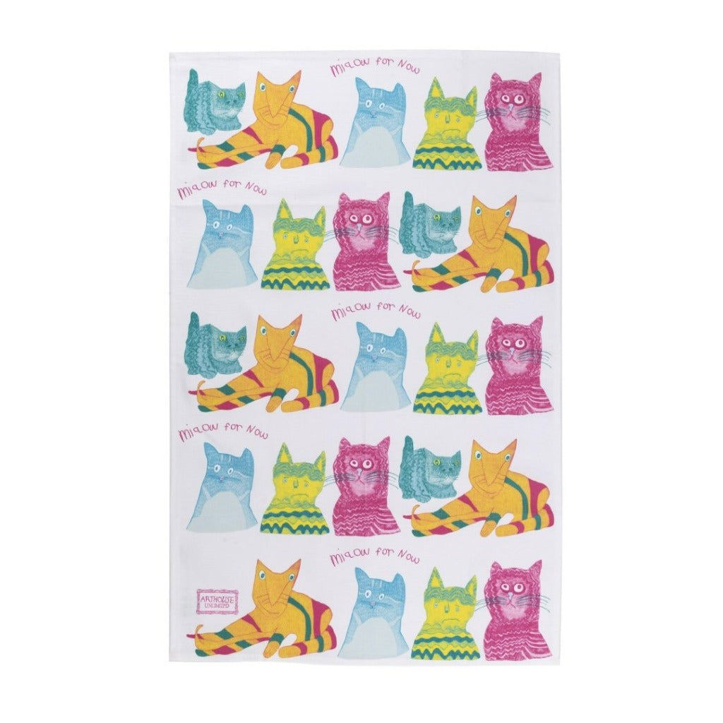 Tea towel with repeating pattern of colorful stylized cats; "Meow for Now" text.
