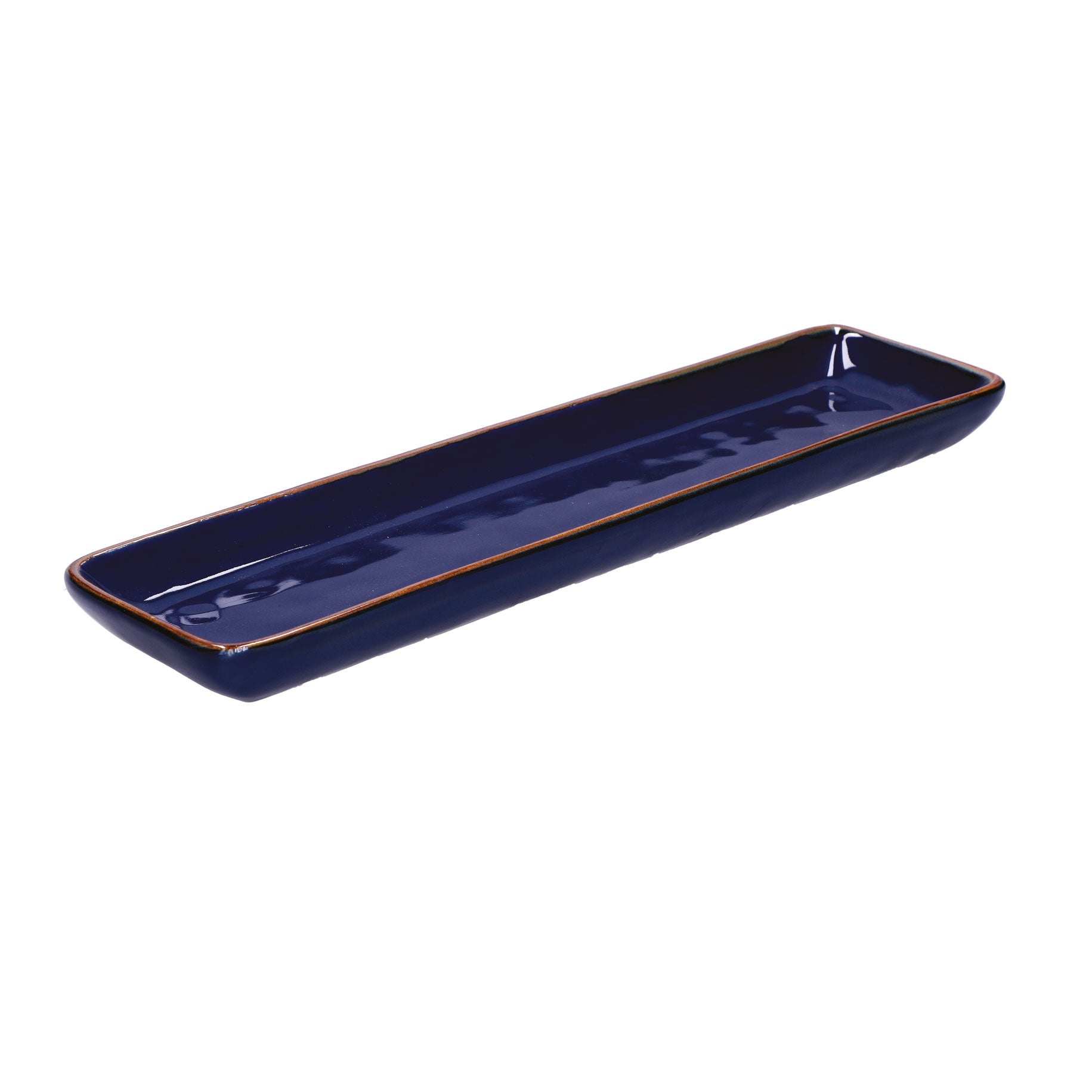 Long, rectangular dark blue ceramic serving tray with a slightly lighter brown rim.