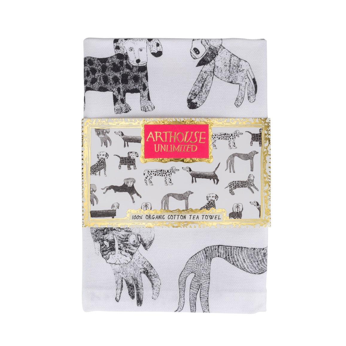 White 100% organic cotton tea towel featuring a black and white illustrated dog design.