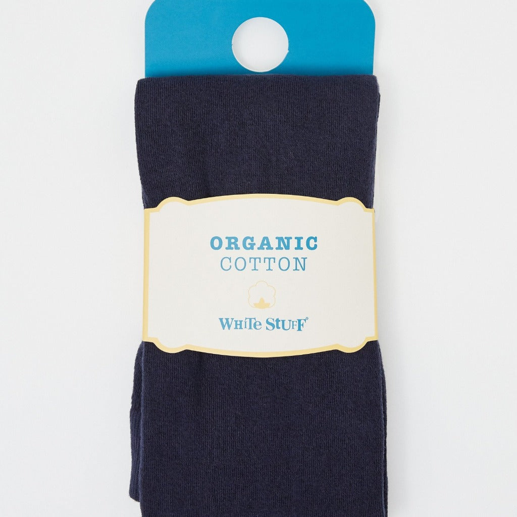 Navy blue organic cotton socks by White Stuff, folded and displayed on a card.