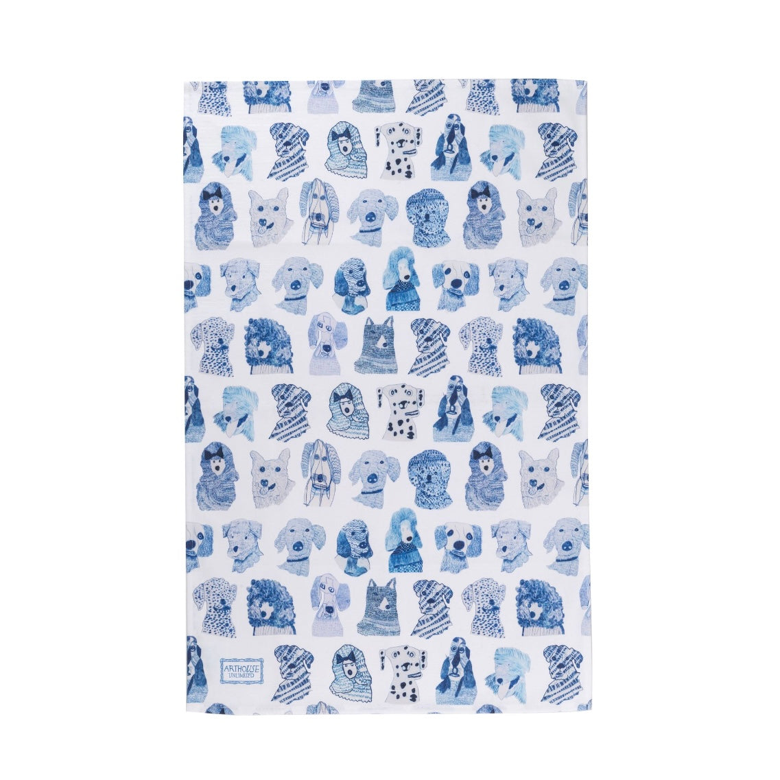 White tea towel with a repeating pattern of blue illustrated dog breeds.
