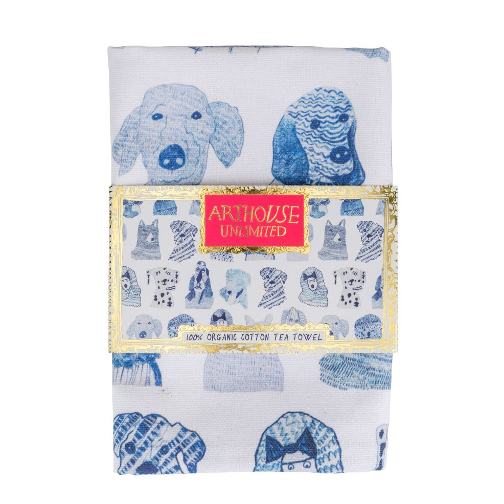 White 100% organic cotton tea towel with a blue dog pattern. The dogs wear various knitted hats.