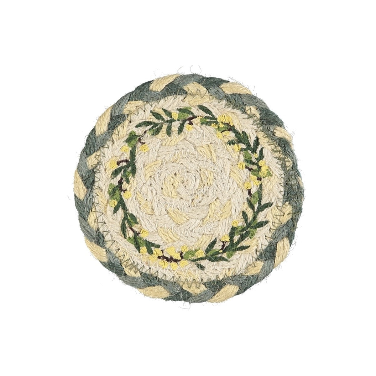 Round jute coaster with an embroidered floral wreath in yellow and green.
