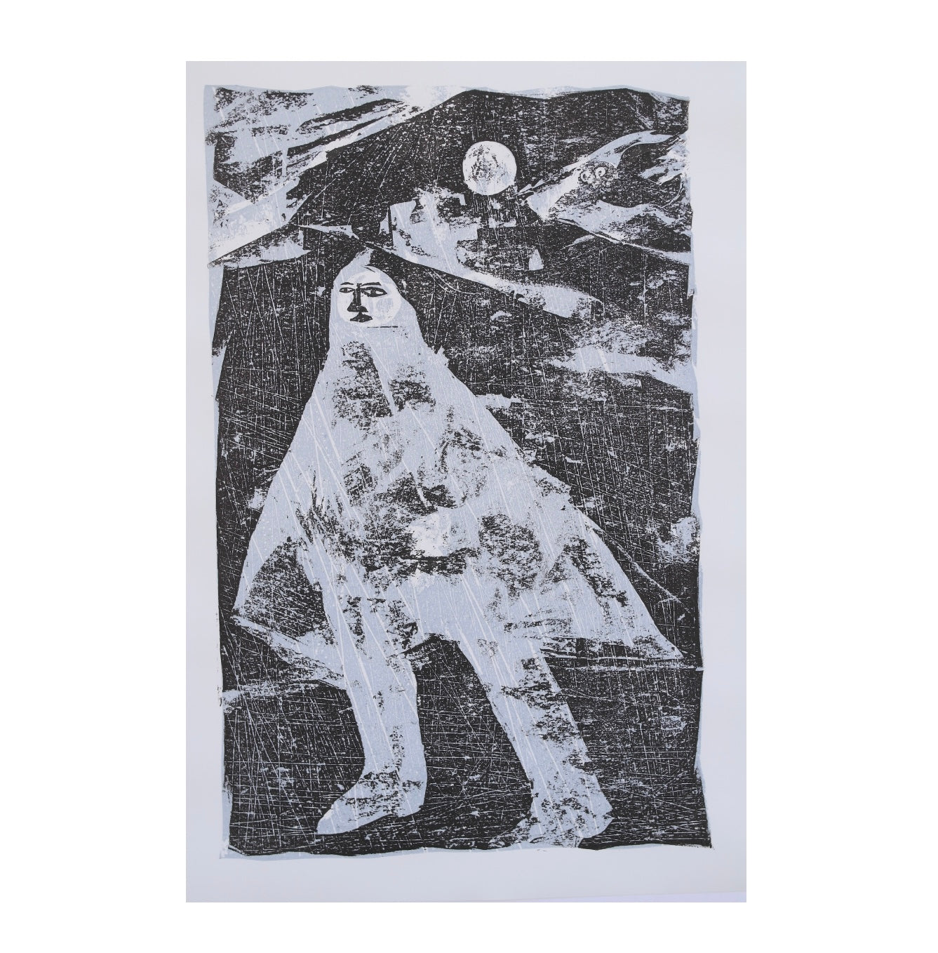 Abstract print of a cloaked figure walking under a full moon, rendered in black and light gray tones with a textured,
