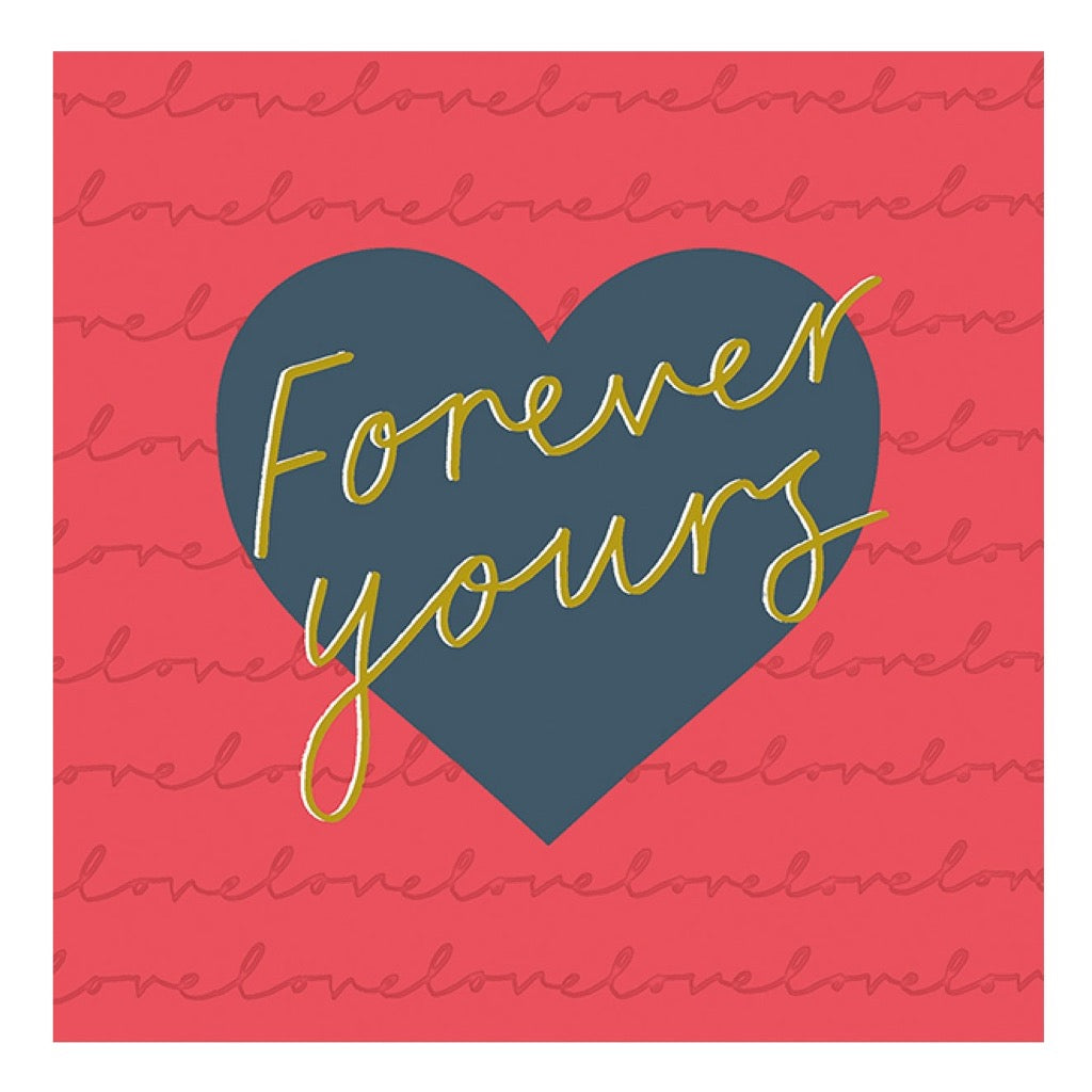 Dark-blue heart-shaped graphic on a pink background with the gold text "Forever yours."