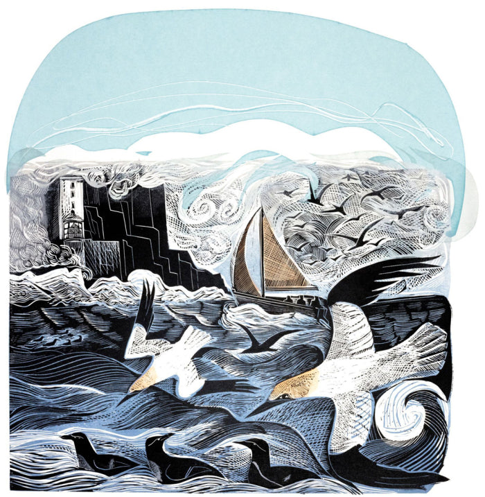 Woodcut print depicting a sailboat navigating a stormy sea with gannet birds in flight, near a cliff with a lighthouse.