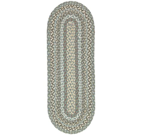 Oval braided rug in shades of blue, gray, and beige.