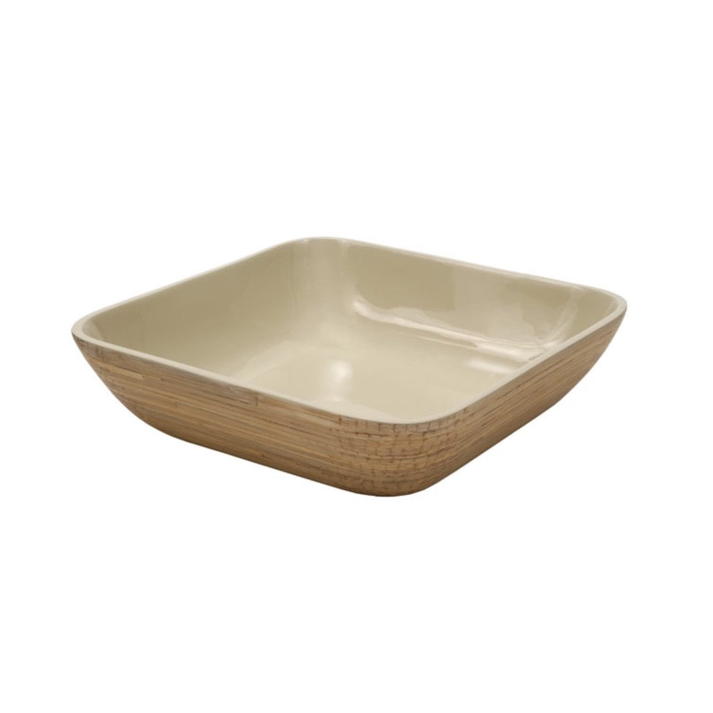 Square serving bowl with a light beige interior and a natural bamboo-like exterior.