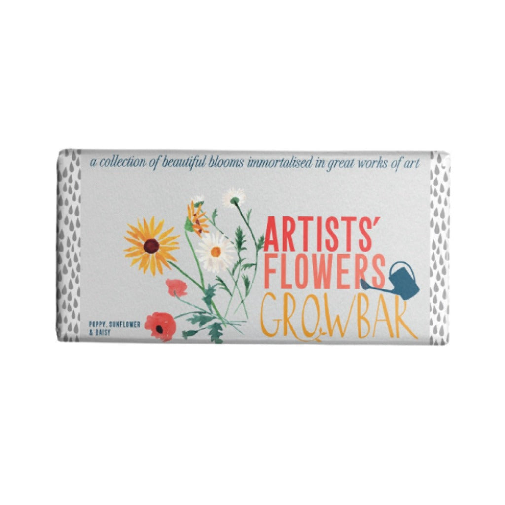 Artists' Flowers Growbar chocolate bar featuring a watercolor bouquet of poppies, sunflowers, and daisies.