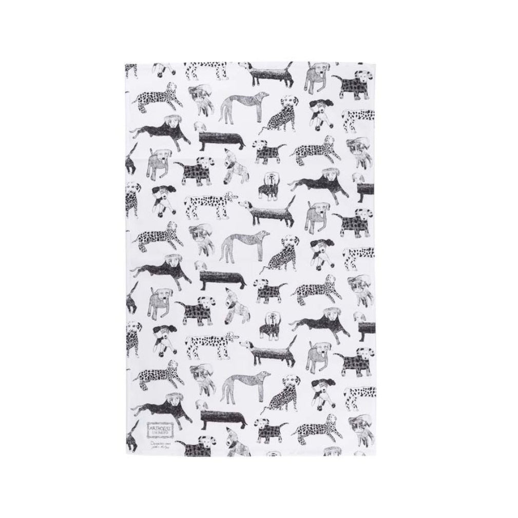 White tea towel with a repeating pattern of black and grey illustrated dogs of various breeds.