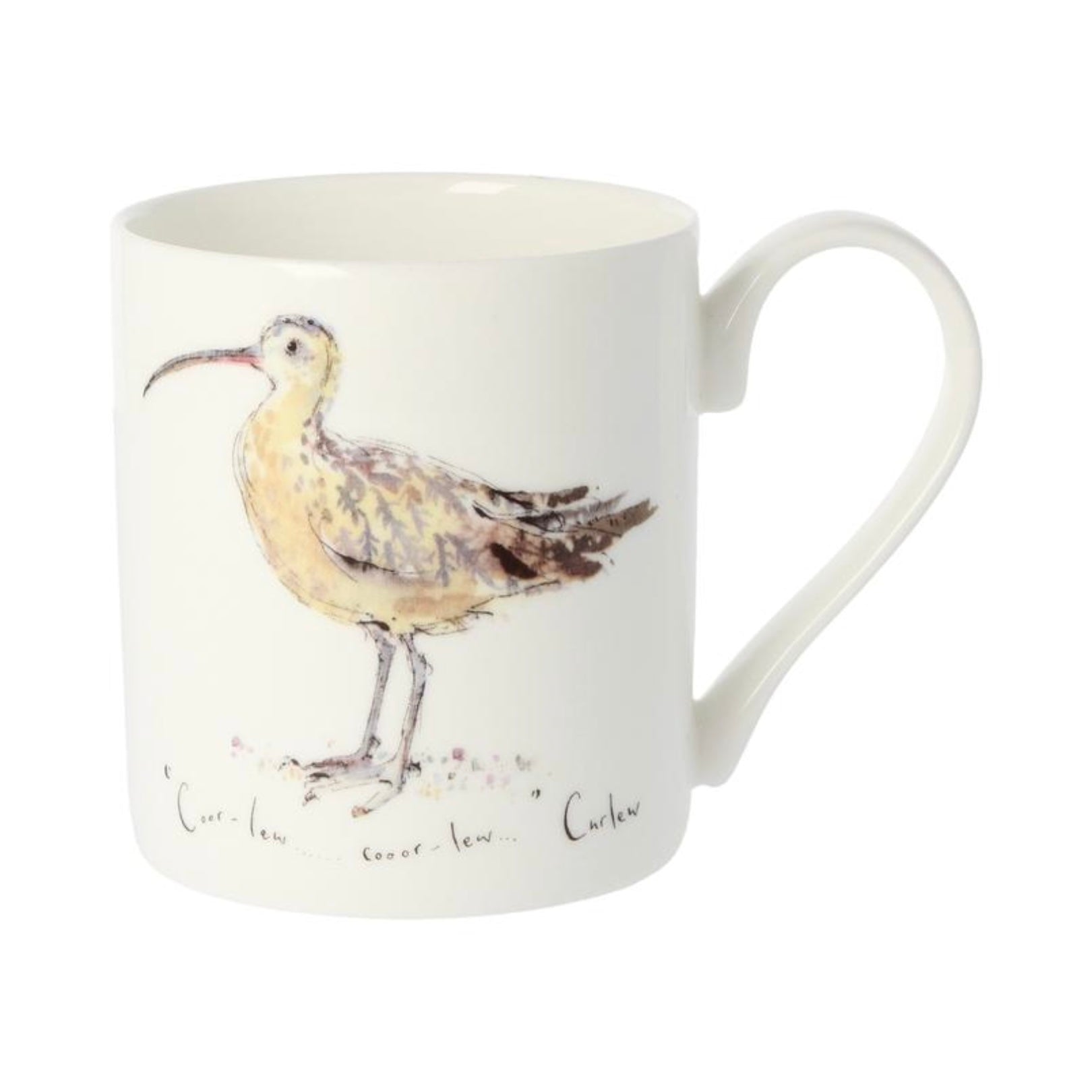 A white ceramic mug with a painted bird, possibly a curlew, on the side.