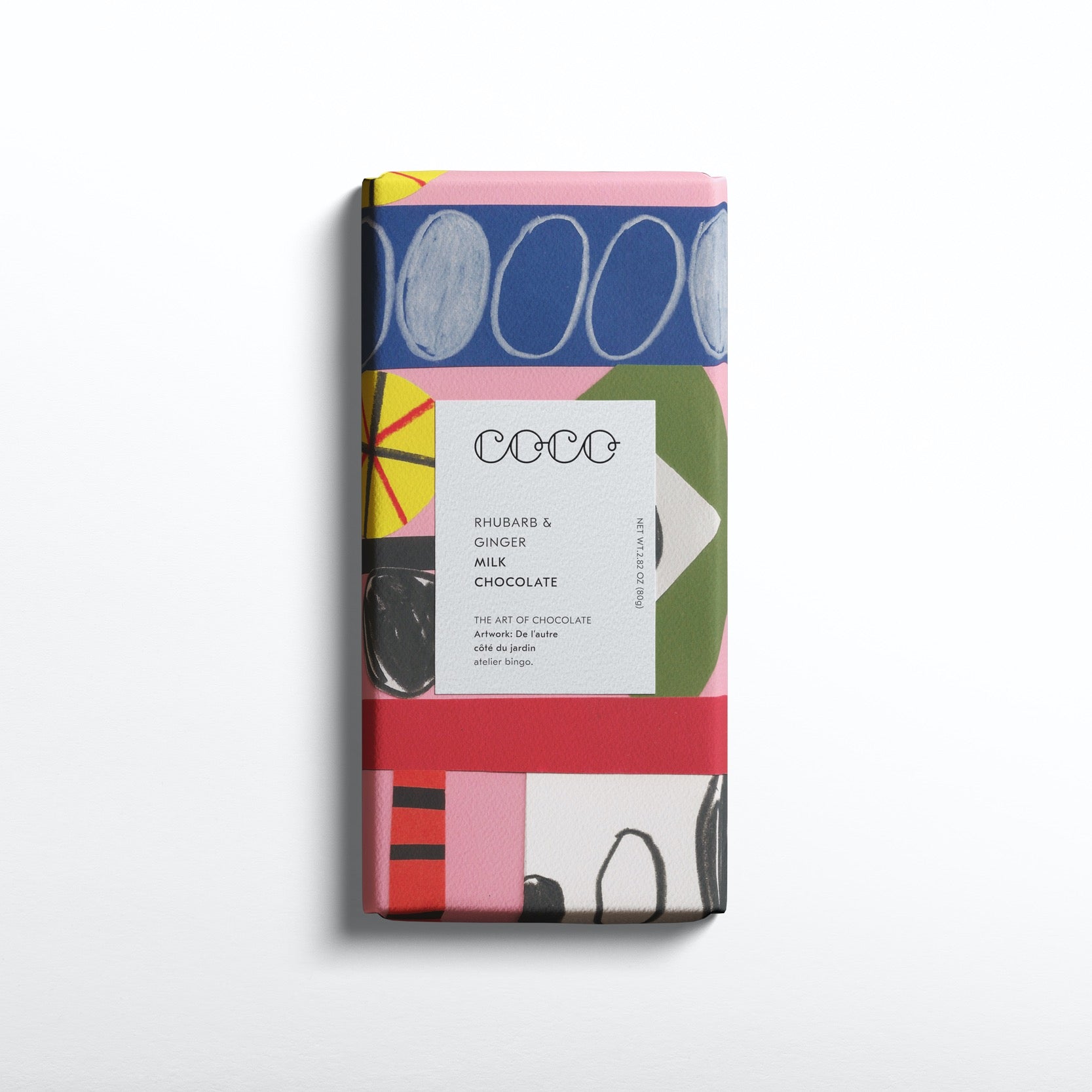Cocoa chocolate bar with rhubarb & ginger milk chocolate flavor.