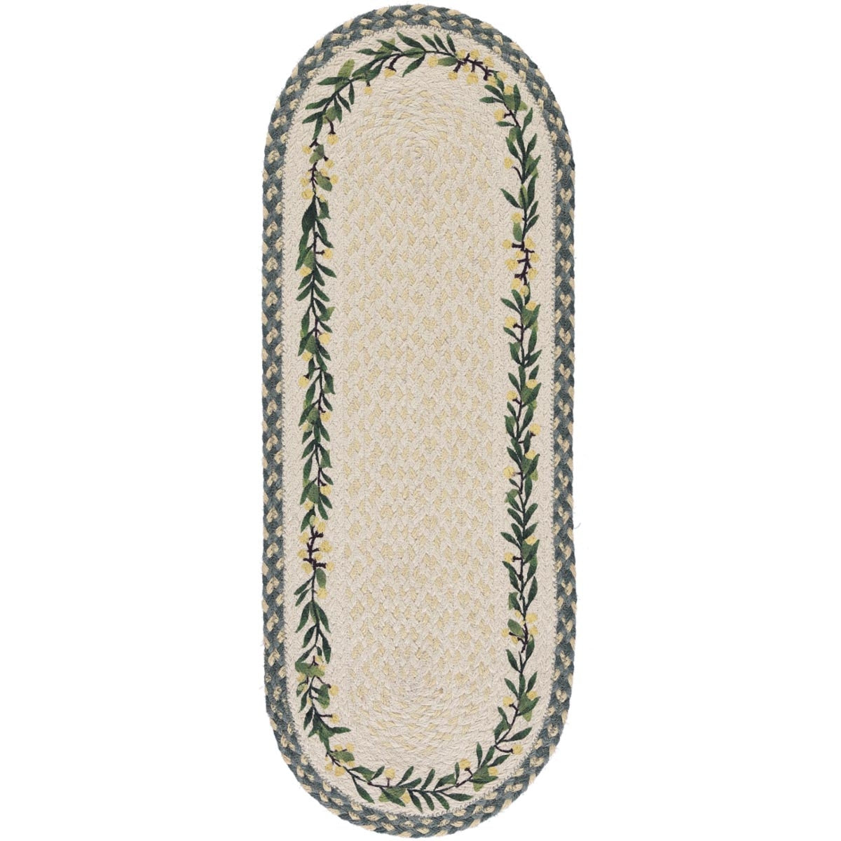 Oval braided rug with off-white center and green leaf border featuring yellow flowers.