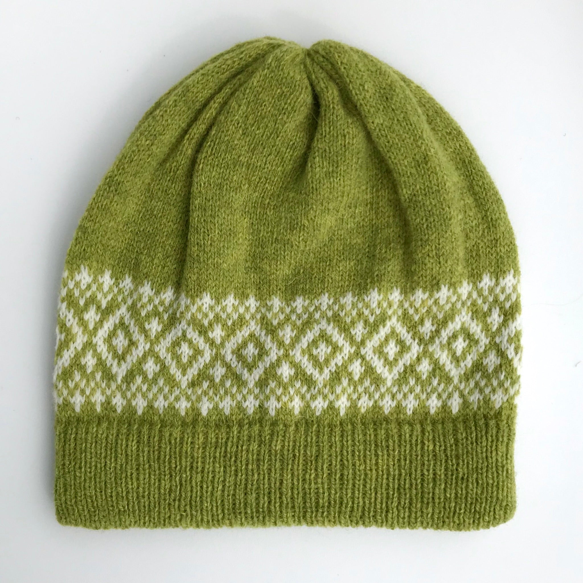 Olive green knitted beanie with a white geometric pattern band.