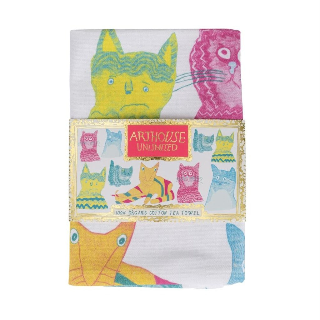 100% organic cotton tea towel featuring a colorful illustrated design of various cats.