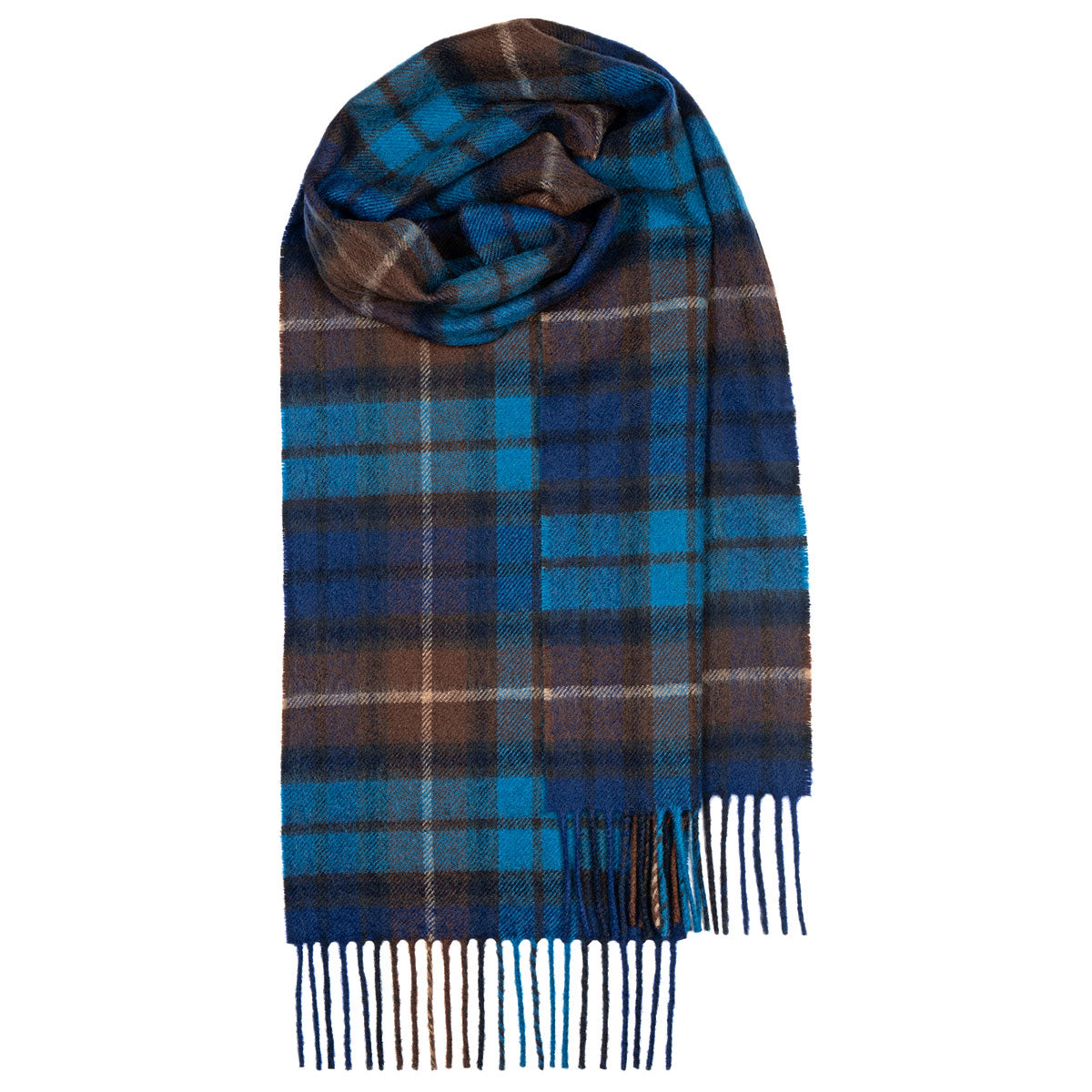 Blue and brown plaid wool scarf with fringed edges.