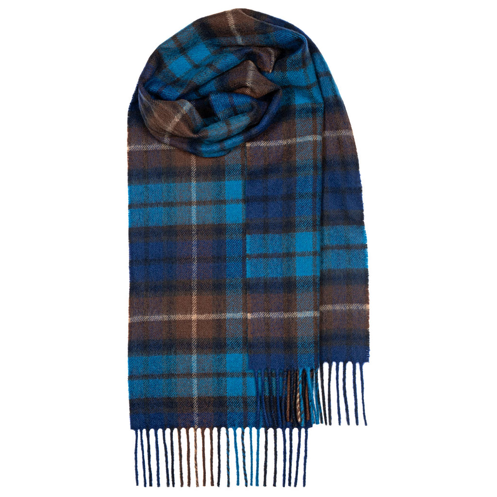 Blue and brown plaid wool scarf with fringed edges.